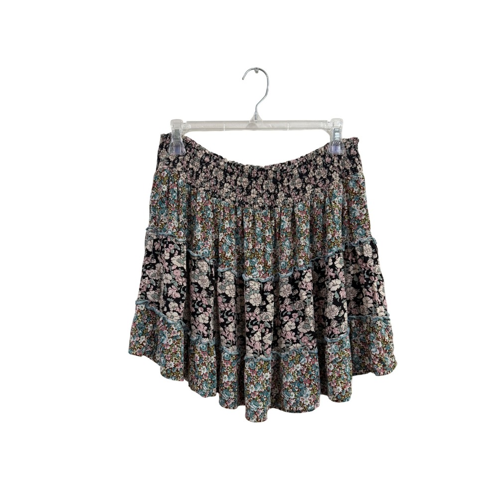 Natural Life Floral Smocked Tiered Mini Skirt Womens Large Black Pink Rayon Boho